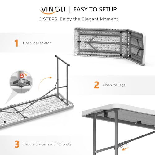 VINGLI 6 FT Narrow Folding Table, Tabletop Folded in Half, Premium Quality HDPE Material and Sturdy Metal Frame, Perfect for Buffet, Seminar, Party, Training, Home Work, White - color: White