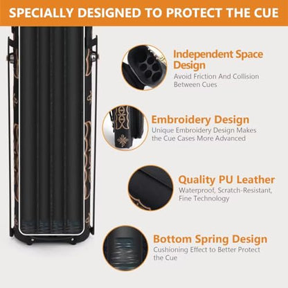 2x4 Pool Cue Case, Hard Pool Cue Case, Billiard Cue Case with Stand, Billiards Accessories Holds 2 Cue Butt and 4 Cue Shafts - color: Black Embroidery