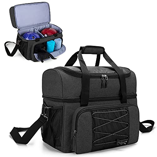 DSLEAF Bowling Bag for 2 Balls, Bowling Tote with Wooden Bowling Cups and Padded Divider for Double Ball and A Pair of Bowling Shoes Up to Mens 16 and Extra Essentials (Patent Design), Bag Only - color: black