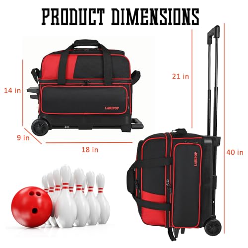 LARIPOP 2 Ball Bowling Roller Bag, Wheeled Bag with Shoe Compartment, Telescopic Handle & Padded Protection for Men Women - color: Red