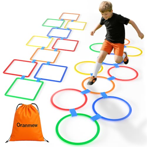 Hopscotch Rings – Hoop + Square, 2-Set – (10 Round + 10 Square, 15-inch) + 30 Connectors, Agility Rings for Kids, Gross Motor Skills, Preschool & Kindergarten PE, Playground Obstacle Course - style: 15" Square + Hoop – 2 Set