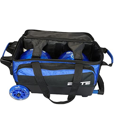 ELITE Deluxe 2 Ball Bowling Bag with 5" Smooth Wheels - Large Accessory Pocket, Shoe Compartment, 36" Extendable Handle - color: Royal