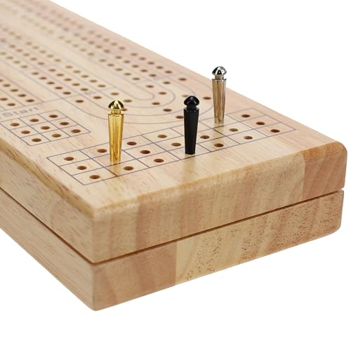 Pacific Shore Games Wooden Cribbage Board Game Set, Continuous 3 Track for 2-3 Players with Card Storage - color: Natural