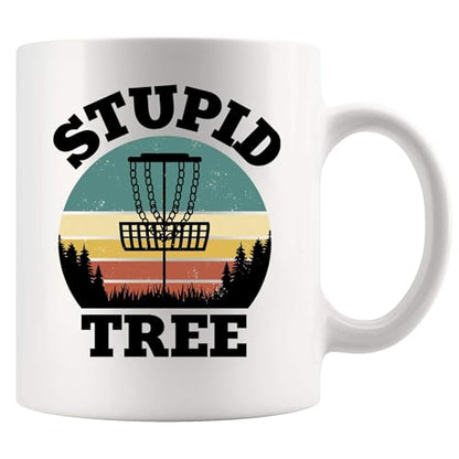 Panvola Stupid Tree Disc Golf Gifts Funny Disc Golf Player Gifts For Dad Mom Grandpa Grandma From Son Daughter Husband Wife Novelty Drinkware Ceramic Mug (White, 11 oz)