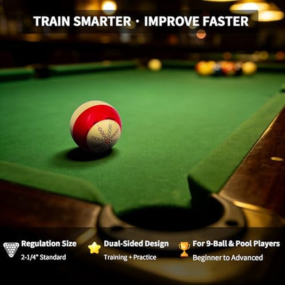 Billiards Pool Cue Ball, 2-1/4"/57.2mm Phenolic Resin Practice Training Aid with Precision Target Markings, Dual-Sided 8-Ball Spin & Angle Training for Beginners & Advanced Players