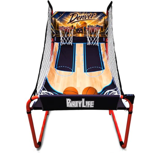 PartyLife 2-Player Basketball Arcade Game w/Optional LED Lights | Electronic Scoring | 5 Balls, 1 Pump, 8 Games | Folding Design | Heavy-Duty Steel Frame - Choose Your Model - color: DENVER, style: Base Model