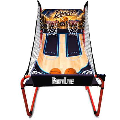 PartyLife 2-Player Basketball Arcade Game w/Optional LED Lights | Electronic Scoring | 5 Balls, 1 Pump, 8 Games | Folding Design | Heavy-Duty Steel Frame - Choose Your Model - color: DENVER, style: Base Model