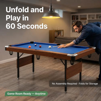 63.8 Inch Foldable Pool Table, No Assembly, Steel Folding Legs, 4-Point Leveling Feet, Complete Set — 16 Balls, Triangle, Chalk, Felt Brush - color: Blue Felt+Wood Color Frame