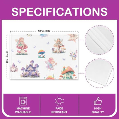 Erosebridal Set of 4 Mushroom Placemats 12X18 Inch,Cartoon Dreamy Fantasy Butterfly Place Mats for Children Kids Gilrs,Romantic Princess Dwarf Floral Fairy Flowers Leaves Waterproof Placemats - color: Cream Purple Pink