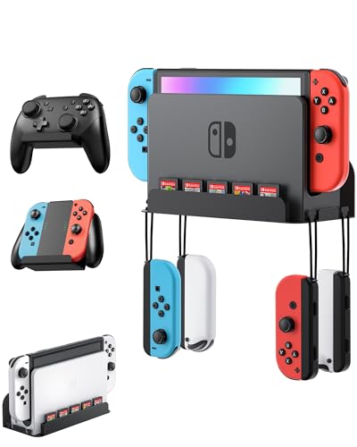 Wall Mount for Nintendo Switch and Switch OLED with 2 Controller Wall Holders, Metal Wall Mount Kit Stand with 5 Game Card and 4 JoyCon Shelfs, Safely Store Console Near or Behind TV, Black - color: Black Kit