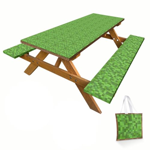 Pixel Grass Picnic Table Cover with Bench Covers and Carrying Bag, Gamer Pixel Miner Rectangle Table Cover, Outdoor Patio Camping Essentials 6FT 4PCS, Camping Fitted Tablecloth