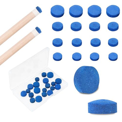 Psyqtsuary 20 Pieces Billiard Pool Cue Tips, 13/12/10/9mm, Pool Stick Replacement Tips with Storage Box for Pools Cues and Snooker, Blue, Leather