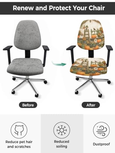 Savannan Office Chair Cover, Fall Thanksgiving Pumpkin Leaves Protective Stretch Elastic Universal Cover for Desk Task Chair,Computer Rotating Chair 1 Pcs Vintage Wooden Cottage