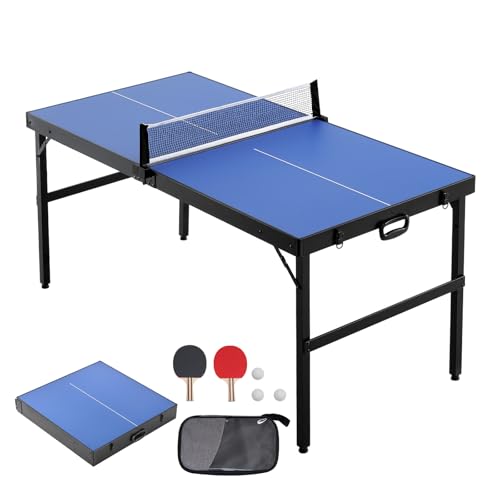 Happybuy Ping Pong Table, Mid-Size Table Tennis Game, Indoor MDF Table Tennis Table, Foldable Portable Complete Set with Net, 2 Paddles, 3 Balls, Carry Bag, Handle (No Assembly Required)
