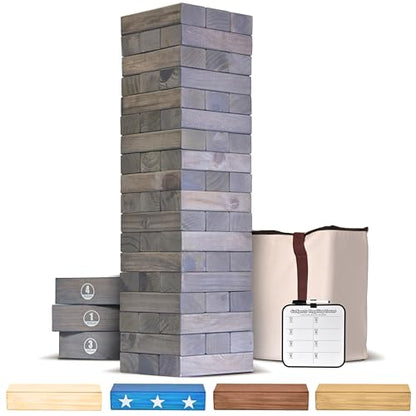 GoSports Giant Wooden Stacking Game - Stacks Up to 5 ft - Choose Brown Wood Stain, Gray, Natural, Stars & Stripes, or Tropical Hardwood - Toppling Tower - color: Gray