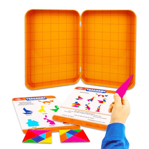 360 Combination Tangrams Travel Game with Portable Case for Kids - Bundle with Magnetic Pattern Blocks, Stickers | Montessori Open Ended Geometric Shapes Activity