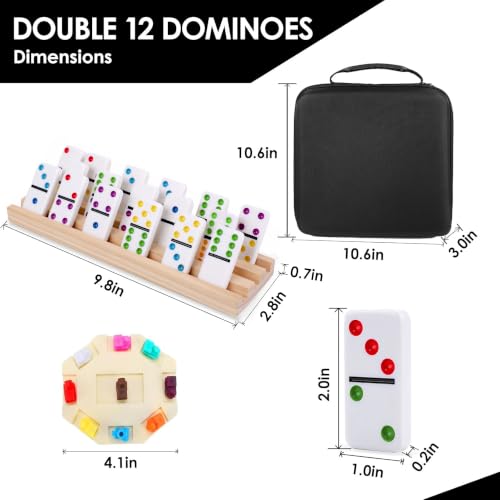 Mexican Train Dominoes Set Double 12 Dot Domino Tiles, 91 Tiles with 8 Wooden Racks, Hub & Trains, Portable Domino Game Set for Adults Kids Families - style: Double 12 Dot + 8 Racks