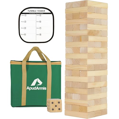 ApudArmis Giant Tumble Tower Stack to Over 5.2Ft, 60 PCS Pine Wooden Stacking Timber Tower,Classic Block Giant Outdoor Indoor Game for Adults, Fun Game at Backyard, Lawn, Party with Family & Friends - color: Burlywood