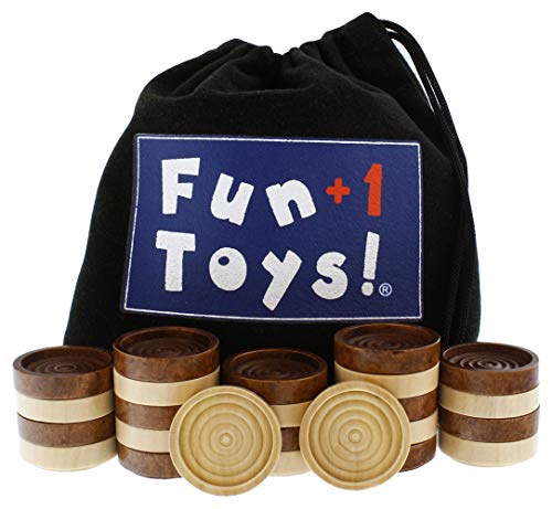 Fun+1 Toys! Classic Wood Checkers Stackable Pieces - Set of 26 Total Checkers Pieces in a Velvet Drawstring Storage Pouch. Each Piece 1.125-Inch Wide and in Brown/Natural Colors. - size: 1.125 inches by 1.125 inches