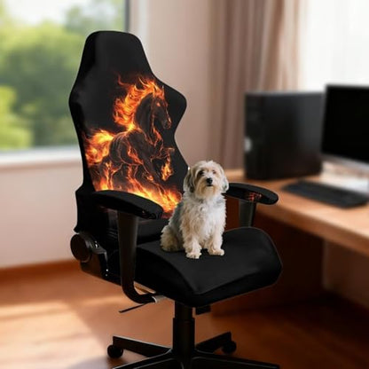 Suobstales Horse Fire Pattern Gaming Chair Cover, Stretchable Computer Office Chair Cover for Armchair, Swivel Chairs, Computer Boss Chair, Removable Chair Slipcovers with Armrest Cover - color: Horse Fire