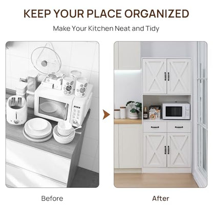 71" Tall Kitchen Pantry Cabinet，Farmhouse Storage Cabinet with Barn Doors and Adjustable Shelves, Heavy Duty White Microwave Cabinet with Drawers for Dining Room, Living Room - color: White, style: Pantry Cabinet