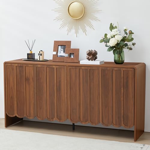 ORRD Sideboard Buffet Cabinet, Accent Storage Cabinets with 4 Doors, Farmhouse Wood Cabinet with Adjustable Shelves and Wave Panel for Living Room, Dining Room, Entry - Walnut - color: 4 Doors Walnut