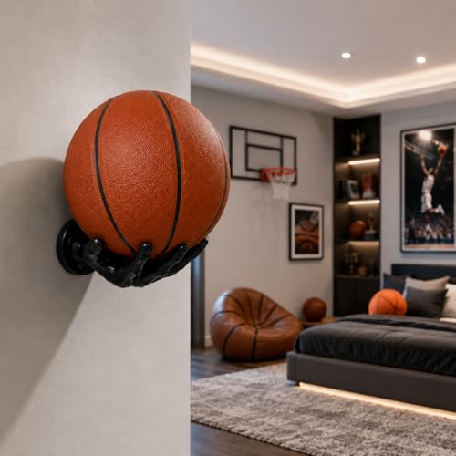 Basketball Holder Wall Mount Set of 2,Soccer Football Display Ball Storage | Basketball Room Decor, Black PVC, Easy to Install, Game Room Decor, Bedroom Decor, Space Saving