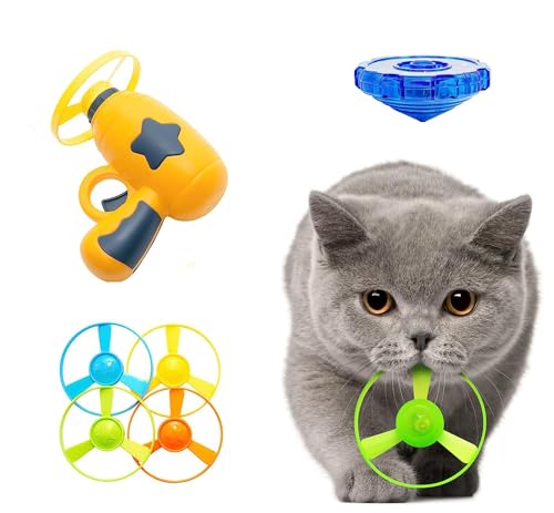 Flying Cat Toy for Indoor Kitten, Interactive Cat Fetch Toy with 1 Light Up Spinning Tops, and 5 Propellers, Flying dis Toy for Training Chasing - color: Yellow