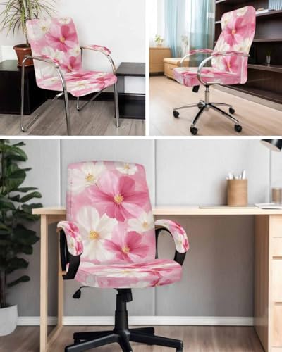 Pink Cosmos Office Chair Cover with Armrest Covers, Spring Flower Daisy Universal Stretch Desk Rotating Chair Slipcovers, Retro Removable Seat Protector with Zipper, L - color: White Pink, size: Large & 2PCS Armrest Covers