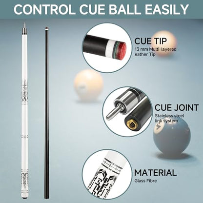 HomeSeason Fiberglass Pool Cue 58" Professional Pool Stick 12.7mm 4-Layer Tip Low Deflection Cue Stick, 3 * 8/8Joint Pin, Ultra-Smooth, Billiard Cue Sticks - color: White/20oz