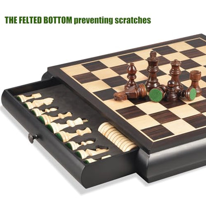 VAMSLOVE Wooden Chess Checkers Game Set 15.5" Large Size Board w/Storage Drawers, Weighted Chess Pieces - 2 Extra Queens 3" King, Gift for Birthday Housewarming Retirement - Black