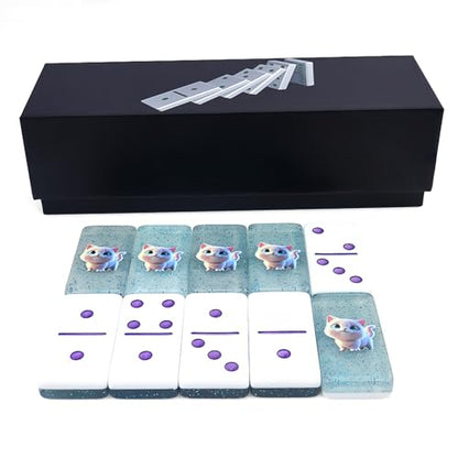 IDTQ Blue Cat-Themed Dominoes Set for Adults - Double 6 Dominoes 28 Tiles with Adorable Cat Illustration - Fun Family Board Game & Gift for Cat Lovers - color: Blue