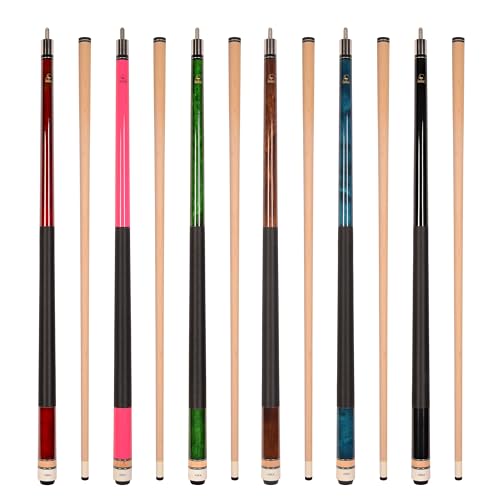 Set of Aska L2 Billiard Pool Cue Sticks, 58" Hard Rock Canadian Maple, 5/16x18 Joint, 13mm Hard Tip, Mixed Weights - style: Set of 6 Sticks (with Pink)