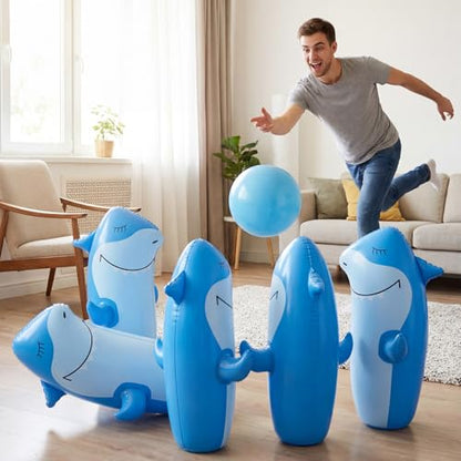 Foilswirl 11 Pcs 27" Shark Inflatable Bowling Set, 10 Pcs Giant Inflatable Bowling Pins and 23" Giant Ball, Summer Shark Party Set for Water Sports Fun Indoor Outdoor Gift