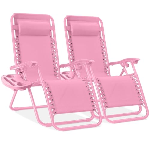 Best Choice Products Set of 2 Adjustable Steel Mesh Zero Gravity Lounge Chair Recliners w/Pillows and Cup Holder Trays - Carnation - color: Carnation, size: Standard