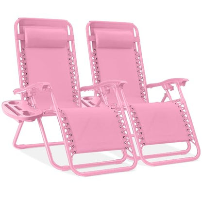 Best Choice Products Set of 2 Adjustable Steel Mesh Zero Gravity Lounge Chair Recliners w/Pillows and Cup Holder Trays - Carnation - color: Carnation, size: Standard