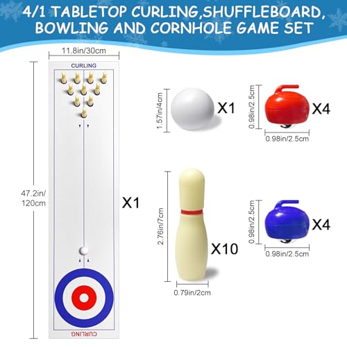 4-in-1 Tabletop Curling, Shuffleboard, Bowling & Cornhole Game - 47"(120x30cm) Family Game Set for All Ages - Easy Setup & Compact Design, Great for Home & Outdoor Fun