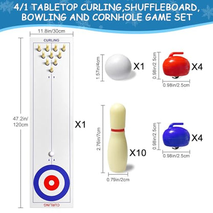 4-in-1 Tabletop Curling, Shuffleboard, Bowling & Cornhole Game - 47"(120x30cm) Family Game Set for All Ages - Easy Setup & Compact Design, Great for Home & Outdoor Fun