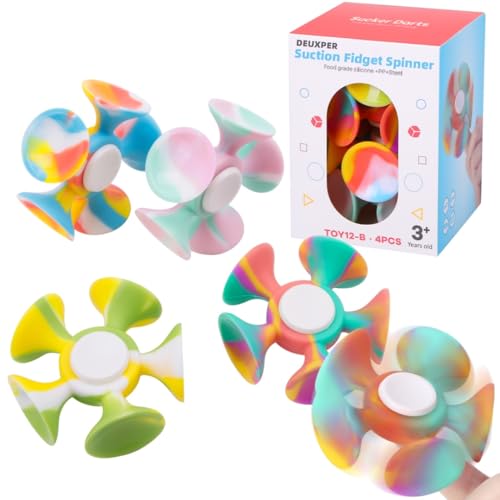 4 Pack Fidget Spinner with Suction Cup - Safe and Soft Sensory Anxiety Relief Toy for Adults and Kids 8-12 | Perfect Suction Dart Target Game, Classroom Focus Tool & Party Favors