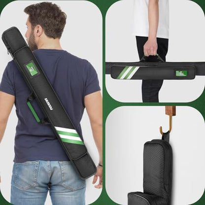 PEKREWS Pool Cue Case, Soft Pool Stick Case 1x1 Holds 1 Butt and 1 Shaft with Queue Zipper Pocket, Sturdy Polyester Billiard Cue Bag with Shoulder Strap Handle, Billiard Stick Bag for Men and Women - color: Green