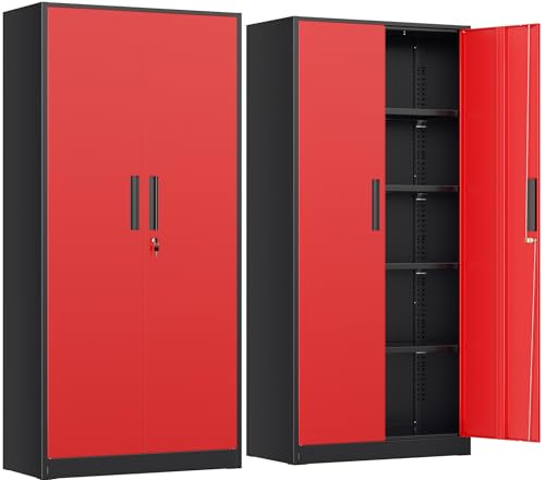 INTERGRAET Metal Storage Cabinet with Adjustable Shelves, Garage Storage Cabinets with Doors and Shelves, File Cabinets for Home Office, Kitchen Pantry Cabinet, 72''H, Black Red - color: Black Red, size: 72" Storage Cabinet