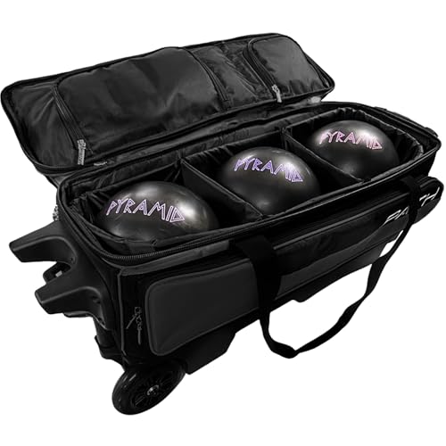 Pyramid Path Triple Premium Deluxe Roller Bowling Bag With Extra Large Separate Shoe Compartment (Up To US Mens Size 16) and 5 Accessory Pockets, 5" Wheels, Retractable Locking Handle - Extends to 42" - color: Black/Black