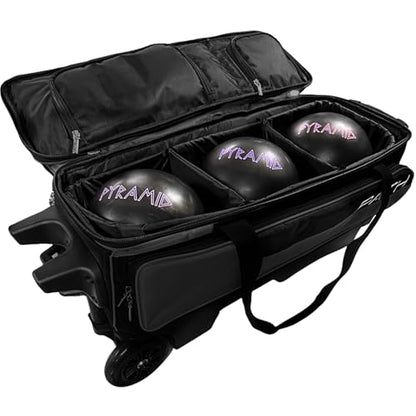 Pyramid Path Triple Premium Deluxe Roller Bowling Bag With Extra Large Separate Shoe Compartment (Up To US Mens Size 16) and 5 Accessory Pockets, 5" Wheels, Retractable Locking Handle - Extends to 42" - color: Black/Black