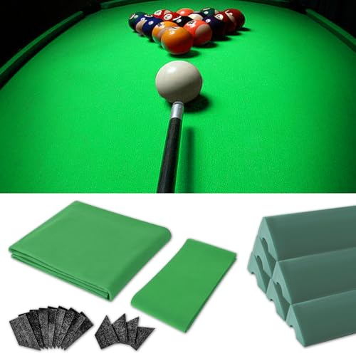 Podoy 8ft Pool Table Replacement Kit, Pool Table Bumpers (Set of 6) with Felt Cloth/Cushion Facings (Set of 12) for Billiard Rail Rubber Bumpers Home & Pro Use Billiard Rail & Pocket Accessories - color: GREEN WITH CLOTH