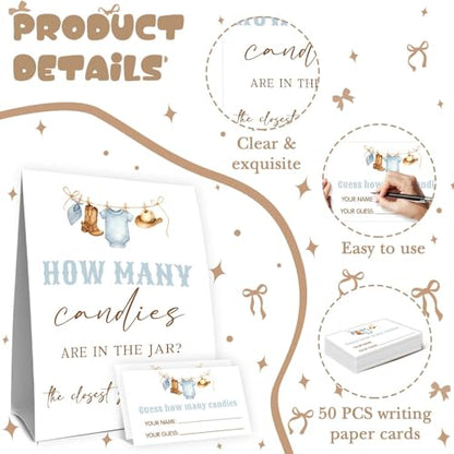 Cowboy Birthday Party Decorations,Rodeo Baby Shower Games,Cowboy Guess How Many Baby Shower Game,How Many Candies,Birthday Party Game & Activities 50 Cards And Sign - size: cowboy