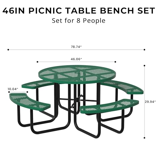 All-Weather Round Outdoor Picnic Table, Commercial Picnic Table Bench Set with Umbrella Hole, Thermoplastic Coated Metal Dining Tables for School, Stores, Park, Patio, Yard, Green - color: Green