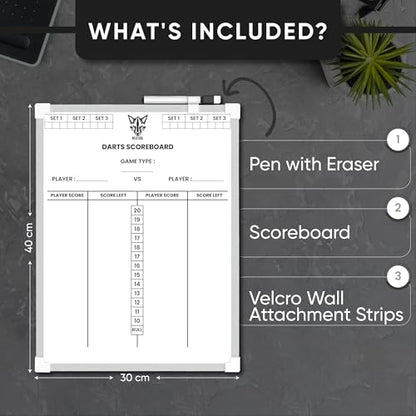 Large Dart Scoreboard (16" * 12") with Dry Erase Marker, Eraser & Mounting Strips | Whiteboard Darts Scorer for 501 & Cricket | Complete Dartboard Scoring System