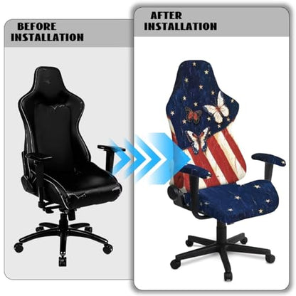 American Flag Print Gaming Chair Covers Slipcovers with Armrest Cover Butterfly Printed 250th Anniversary Decoration Gamer Desk Chair Covers Fits Most Office/PC Chairs & Racing Style Seats - color: Blue and White - American Flag Butterfly