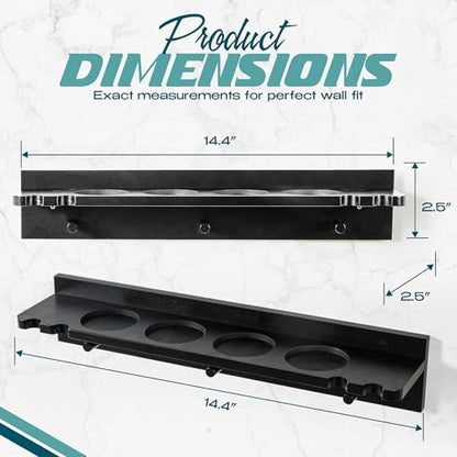 Pool Stick Holder Wall Mount - 4 Pool Cue Rack with Accessories Shelf and 4 Drink Holders - Bamboo Billiard Cue Rack for Game Room or Bar - Black - 5.1 x 23.2 x 4.3 Inches