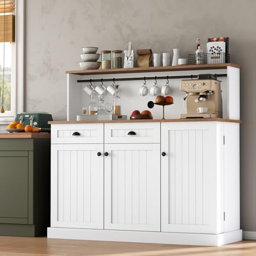 Gyfimoie Sideboard Buffet Cabinet with 2 Drawers, Farmhouse Kitchen Pantry with Adjustable Shelves, Coffee Bar Cupboard Cabinet with 3 Doors for Kitchen, Dining Room (White) - color: White